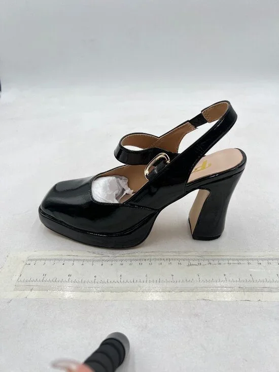 FYS Black Platform Square Toe Pumps Chunky High Heel Mary Janes Slingback Shoes - Picture 2 of 8